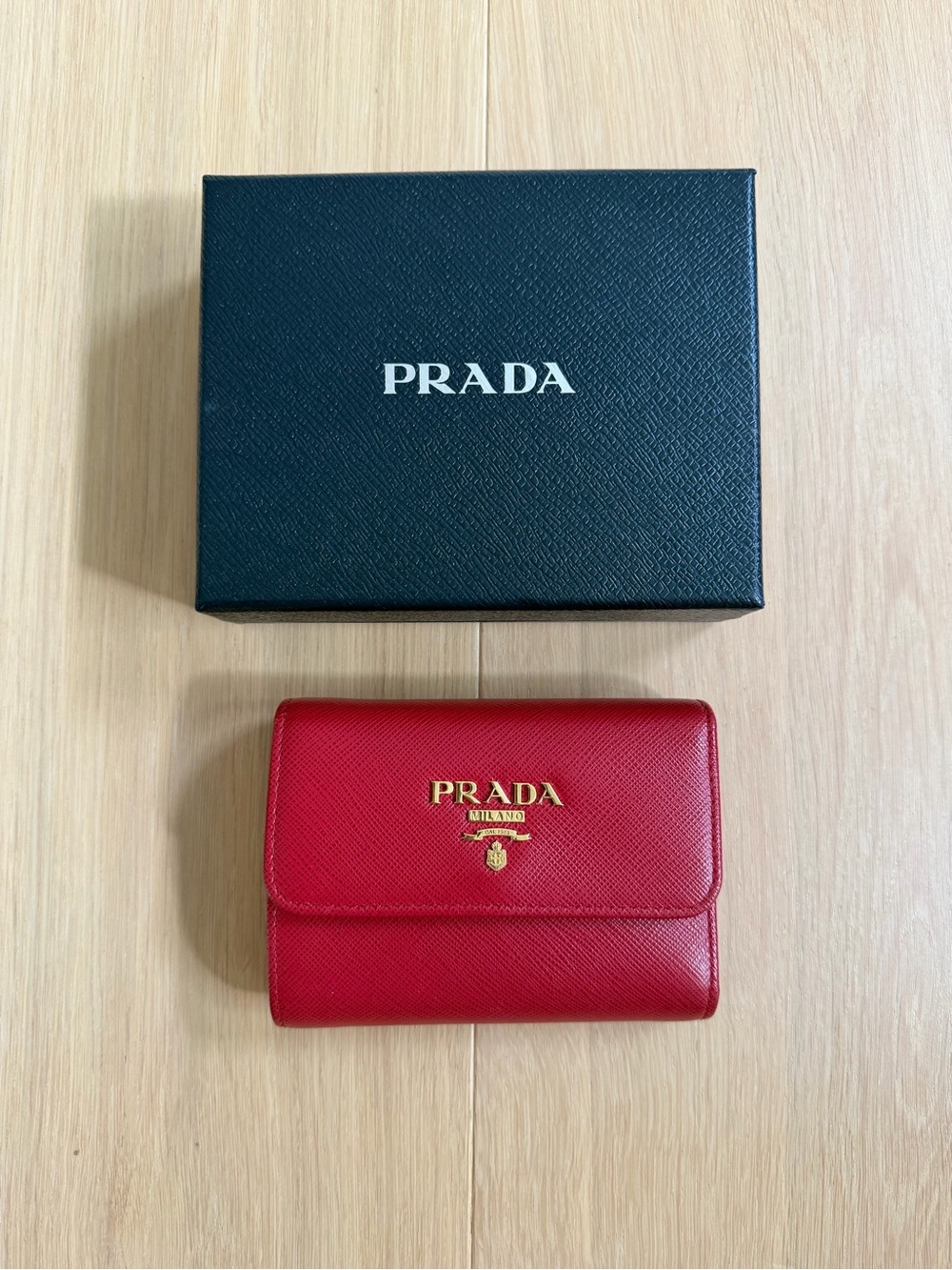 Authentic PRADA Red Saffiano Leather Trifold Wallet with Gold Logo, Includes Box